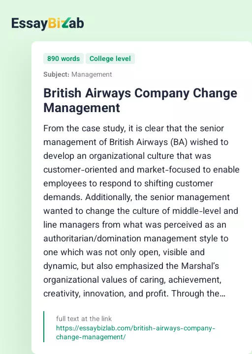 British Airways Company Change Management - Essay Preview