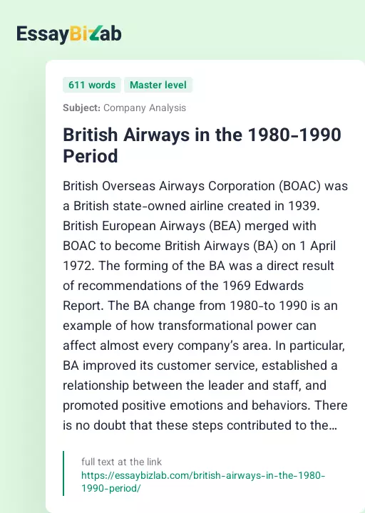 British Airways in the 1980-1990 Period - Essay Preview