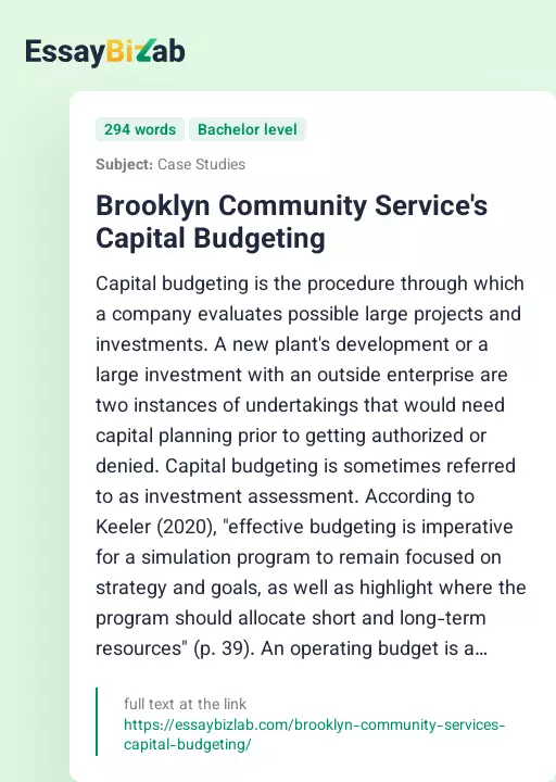 Brooklyn Community Service's Capital Budgeting - Essay Preview