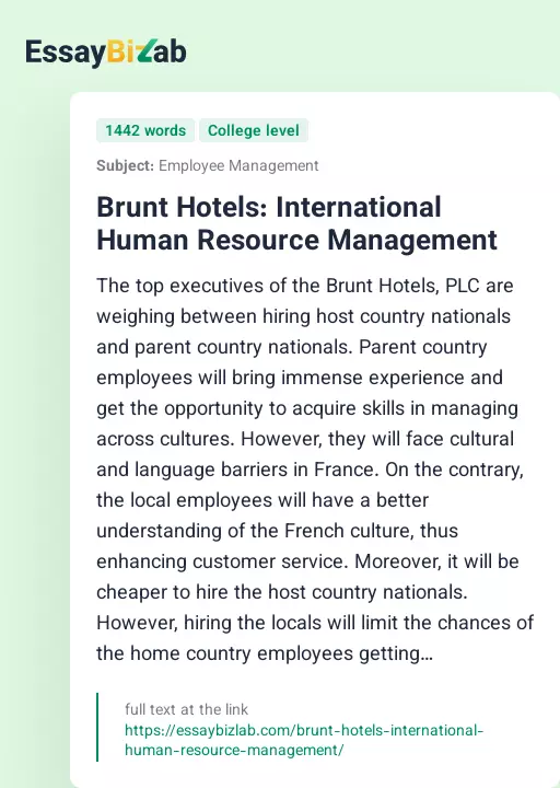 Brunt Hotels: International Human Resource Management - Essay Preview