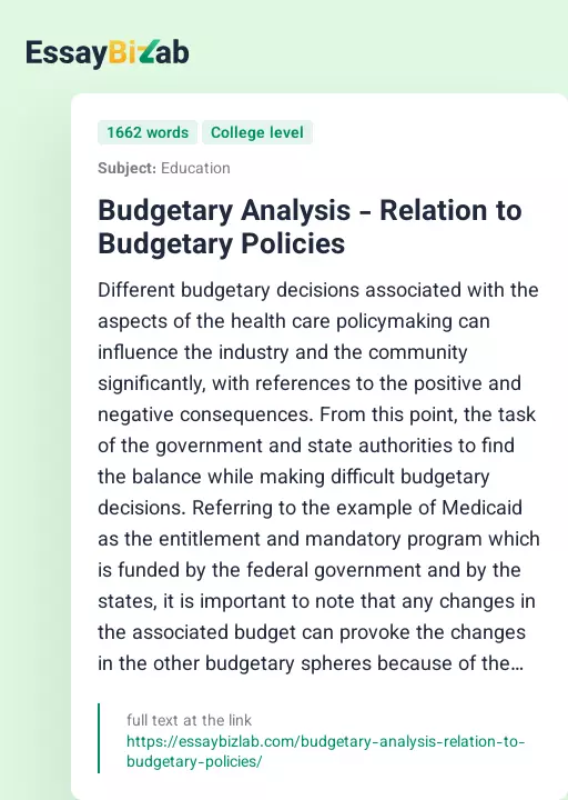 Budgetary Analysis - Relation to Budgetary Policies - Essay Preview