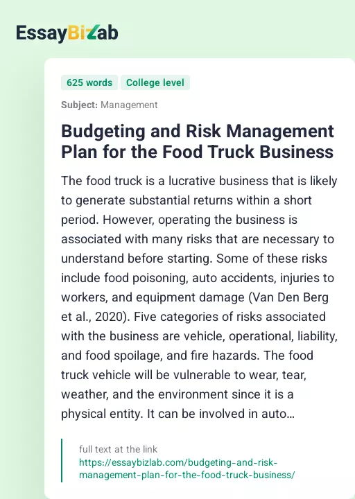 Budgeting and Risk Management Plan for the Food Truck Business - Essay Preview