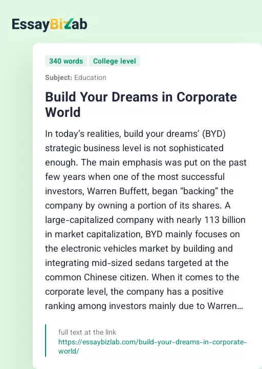 Build Your Dreams in Corporate World - Essay Preview