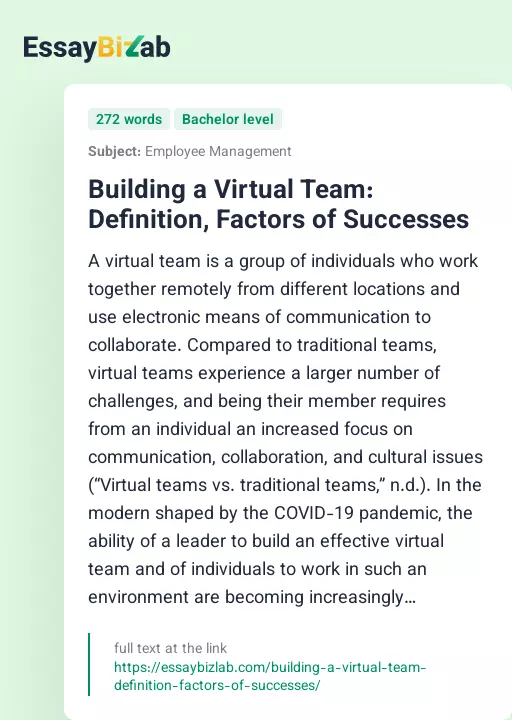 Building a Virtual Team: Definition, Factors of Successes - Essay Preview