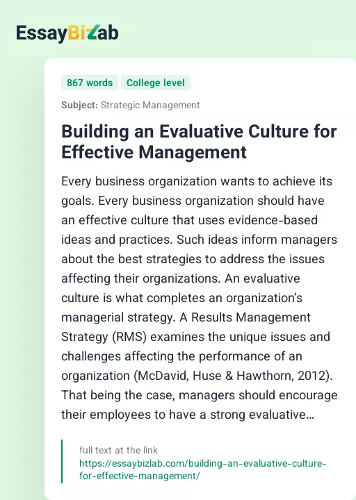 Building an Evaluative Culture for Effective Management - Essay Preview