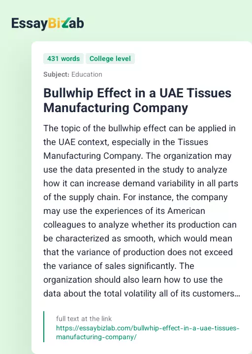 Bullwhip Effect in a UAE Tissues Manufacturing Company - Essay Preview
