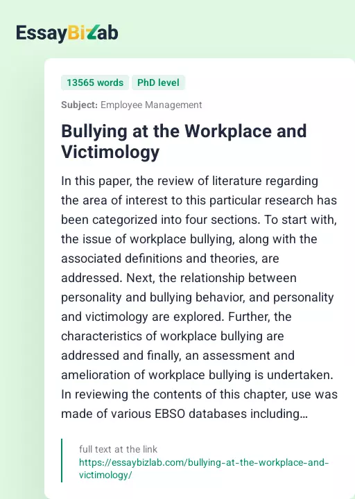 Bullying at the Workplace and Victimology - Essay Preview