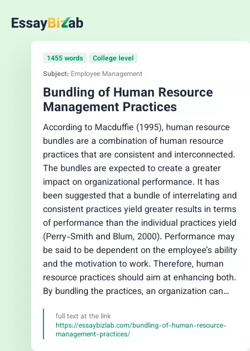 Bundling of Human Resource Management Practices - Essay Preview