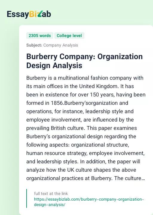 Burberry Company: Organization Design Analysis - Essay Preview