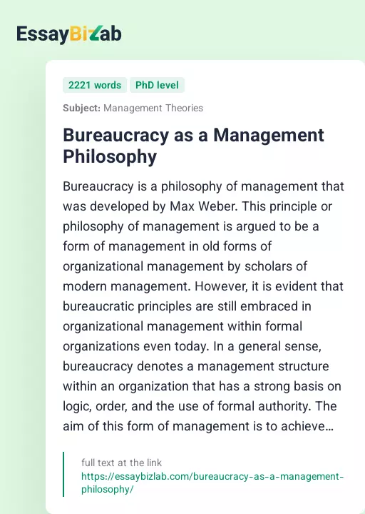 Bureaucracy as a Management Philosophy - Essay Preview