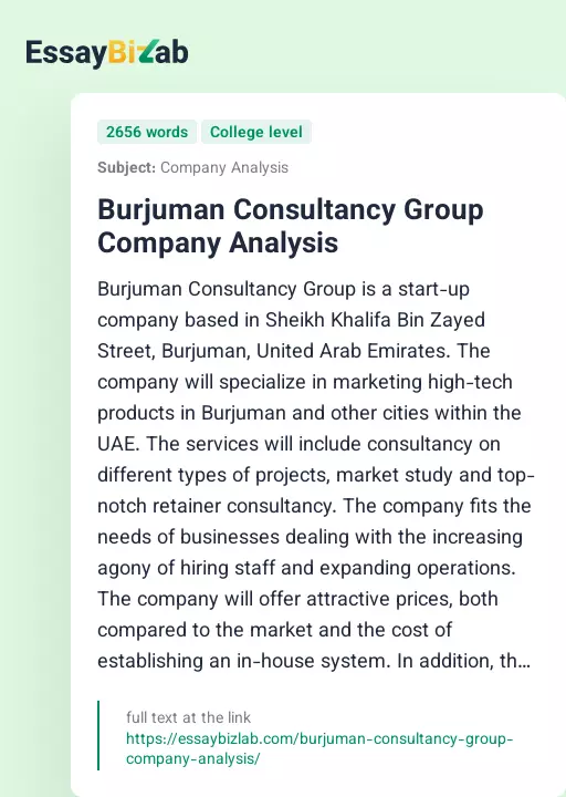 Burjuman Consultancy Group Company Analysis - Essay Preview