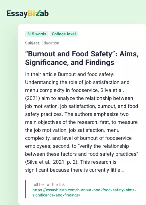 “Burnout and Food Safety”: Aims, Significance, and Findings - Essay Preview