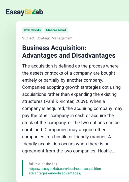 Business Acquisition: Advantages and Disadvantages - Essay Preview