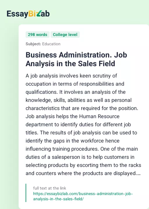 Business Administration. Job Analysis in the Sales Field - Essay Preview