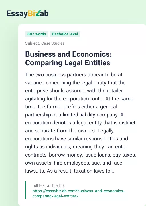 Business and Economics: Comparing Legal Entities - Essay Preview