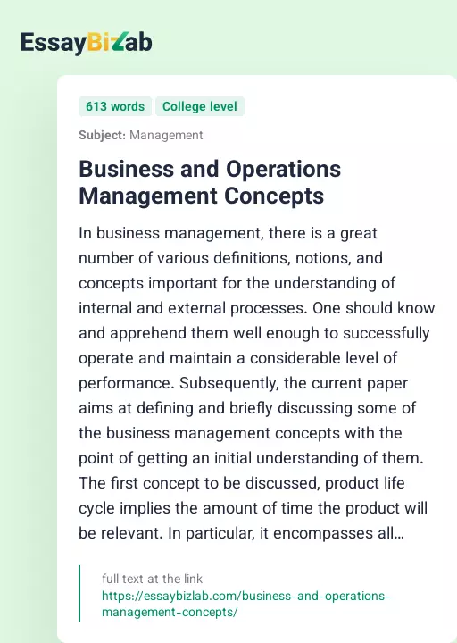 Business and Operations Management Concepts - Essay Preview