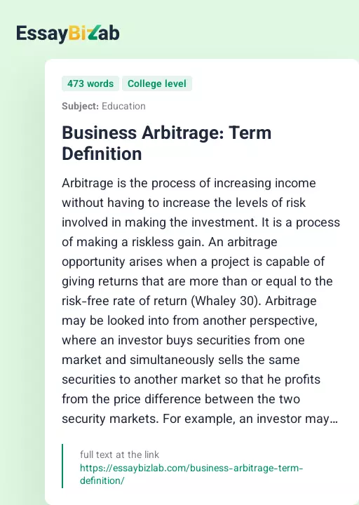 Business Arbitrage: Term Definition - Essay Preview