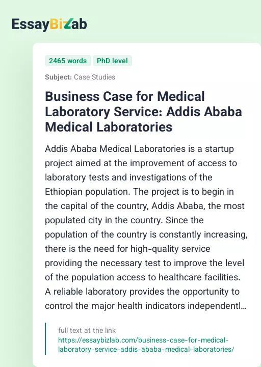 Business Case for Medical Laboratory Service: Addis Ababa Medical Laboratories - Essay Preview