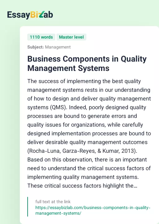 Business Components in Quality Management Systems - Essay Preview