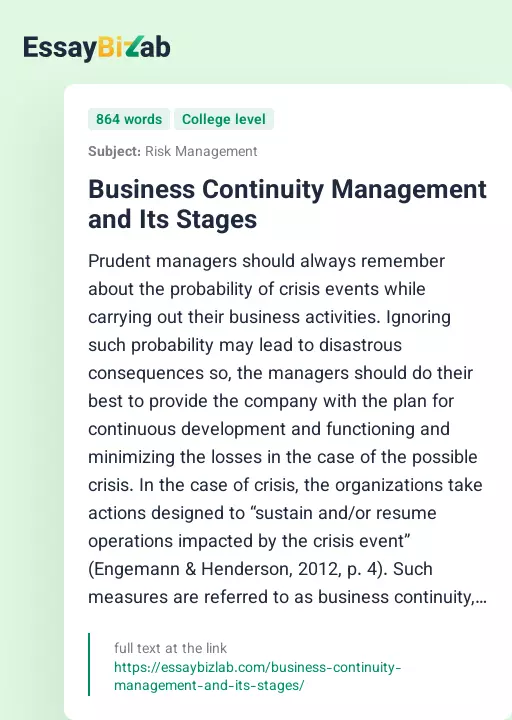 Business Continuity Management and Its Stages - Essay Preview