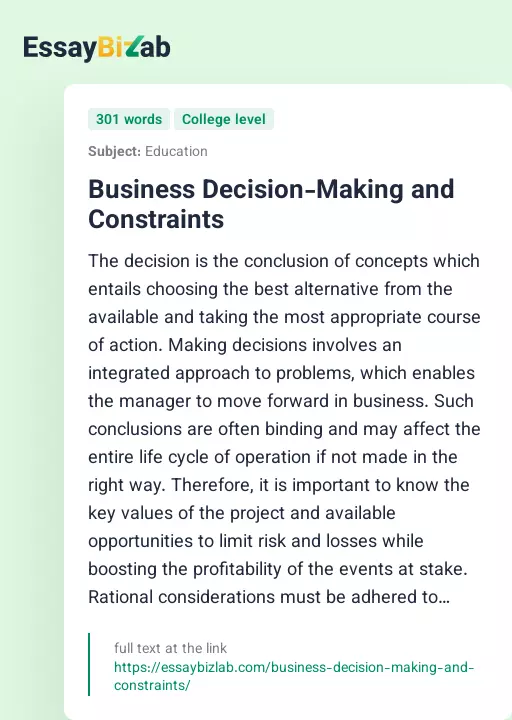 Business Decision-Making and Constraints - Essay Preview