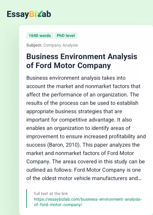 Business Environment Analysis of Ford Motor Company - Essay Preview