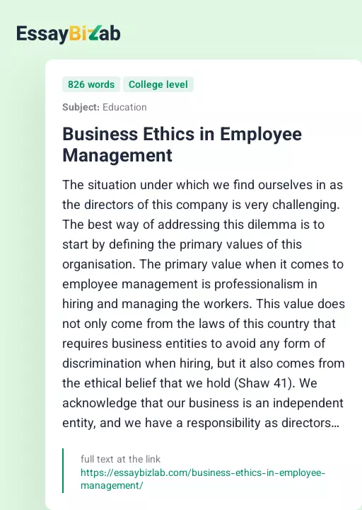Business Ethics in Employee Management - Essay Preview