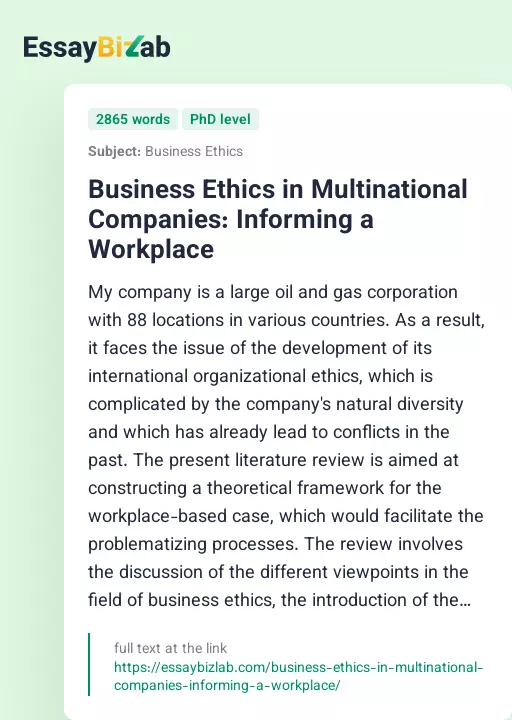 Business Ethics in Multinational Companies: Informing a Workplace - Essay Preview
