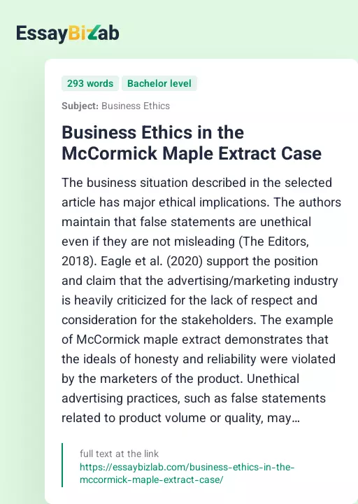 Business Ethics in the McCormick Maple Extract Case - Essay Preview