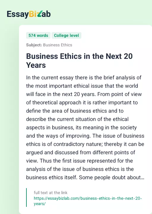 Business Ethics in the Next 20 Years - Essay Preview