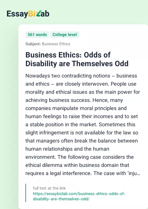 Business Ethics: Odds of Disability are Themselves Odd - Essay Preview