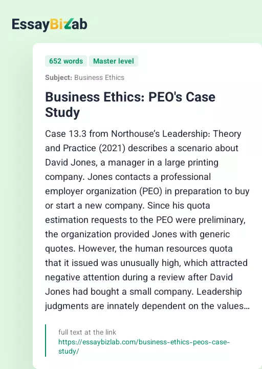 Business Ethics: PEO's Case Study - Essay Preview