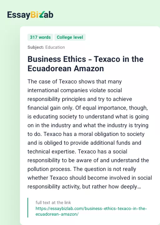 Business Ethics - Texaco in the Ecuadorean Amazon - Essay Preview