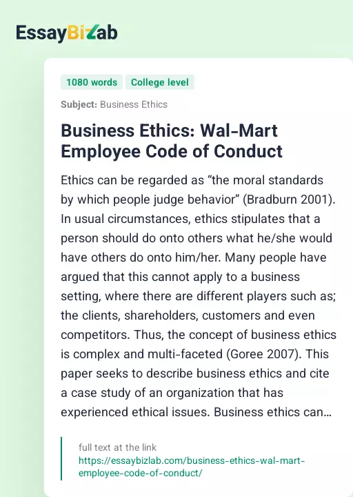 Business Ethics: Wal-Mart Employee Code of Conduct - Essay Preview