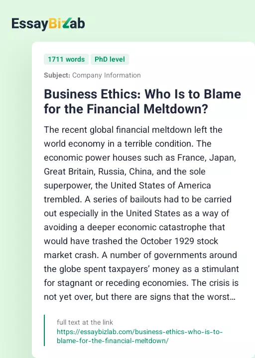Business Ethics: Who Is to Blame for the Financial Meltdown? - Essay Preview