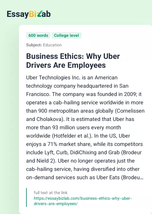 Business Ethics: Why Uber Drivers Are Employees - Essay Preview