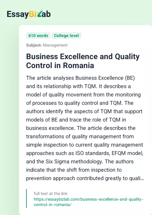 Business Excellence and Quality Control in Romania - Essay Preview