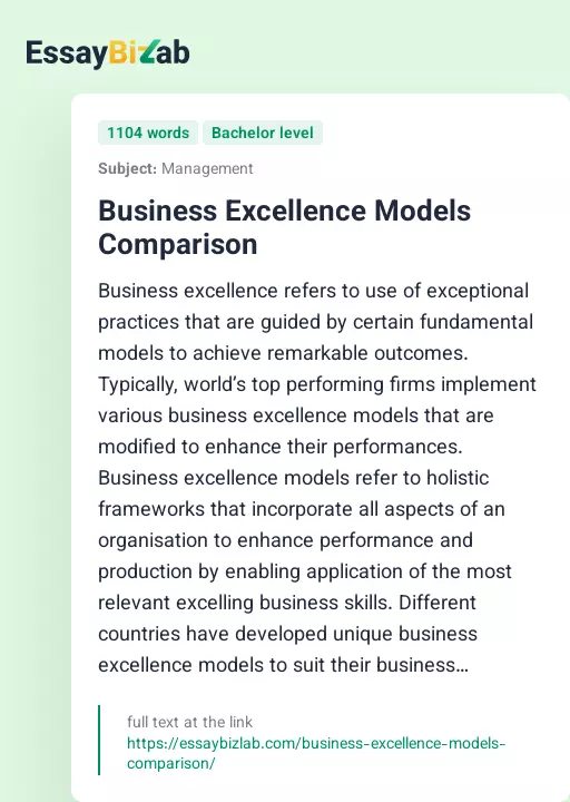 Business Excellence Models Comparison - Essay Preview