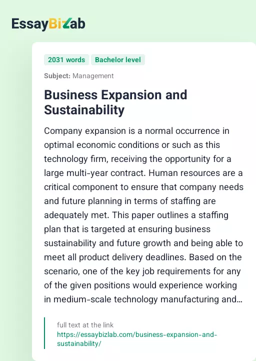 Business Expansion and Sustainability - Essay Preview