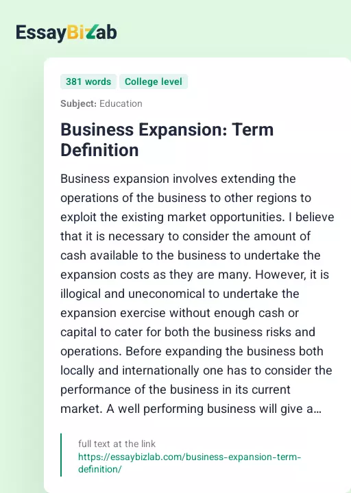 Business Expansion: Term Definition - Essay Preview