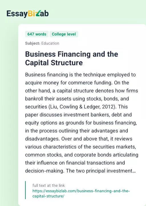 Business Financing and the Capital Structure - Essay Preview
