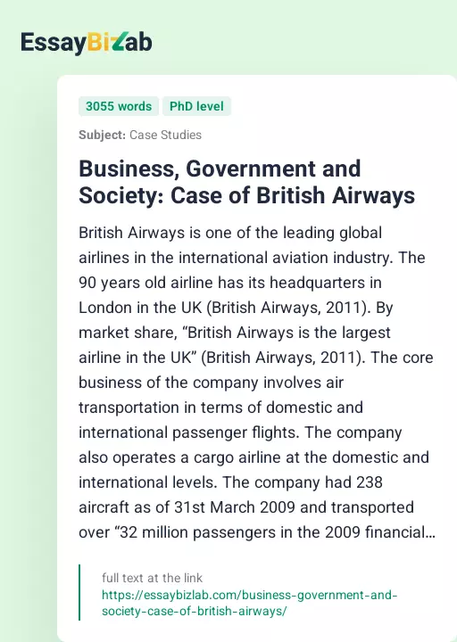Business, Government and Society: Case of British Airways - Essay Preview