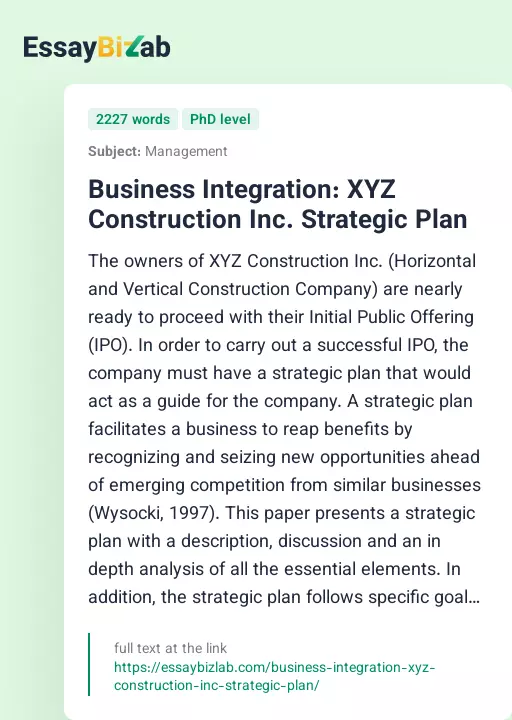 Business Integration: XYZ Construction Inc. Strategic Plan - Essay Preview