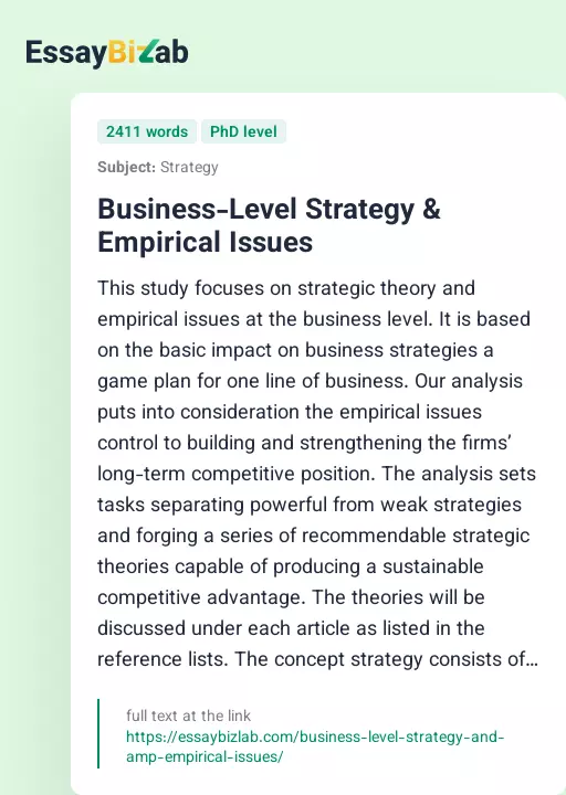 Business-Level Strategy & Empirical Issues - Essay Preview