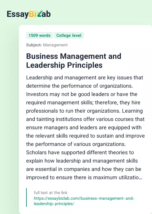 Business Management and Leadership Principles - Essay Preview