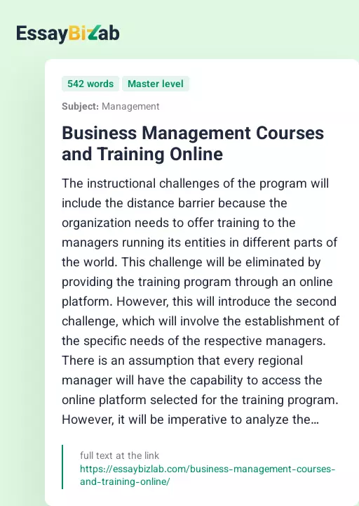Business Management Courses and Training Online - Essay Preview
