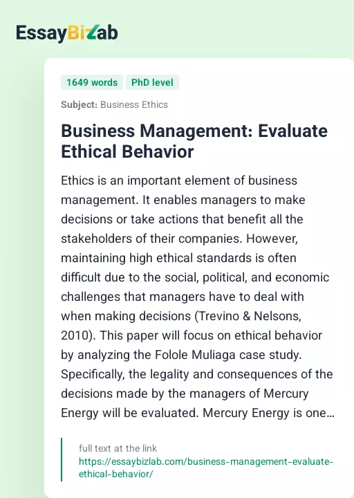 Business Management: Evaluate Ethical Behavior - Essay Preview