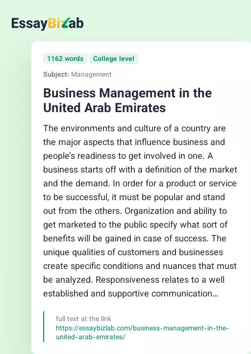 Business Management in the United Arab Emirates - Essay Preview