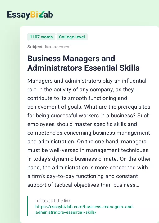 Business Managers and Administrators Essential Skills - Essay Preview