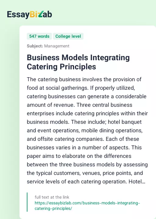 Business Models Integrating Catering Principles - Essay Preview